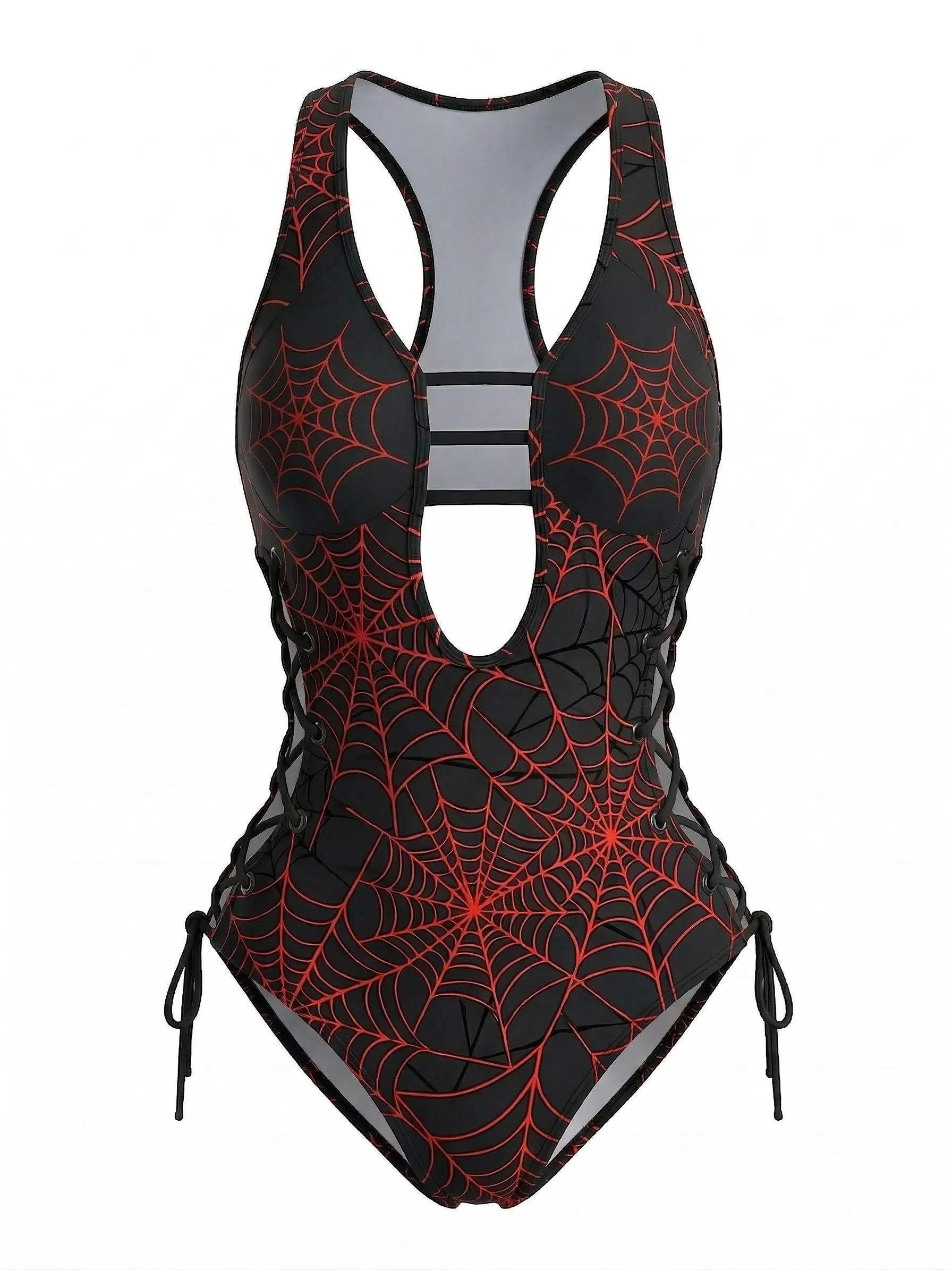 Red 1960s Spider Web Cutout Strappy Swimsuit sold by Retro Stage product image thumbnail 2