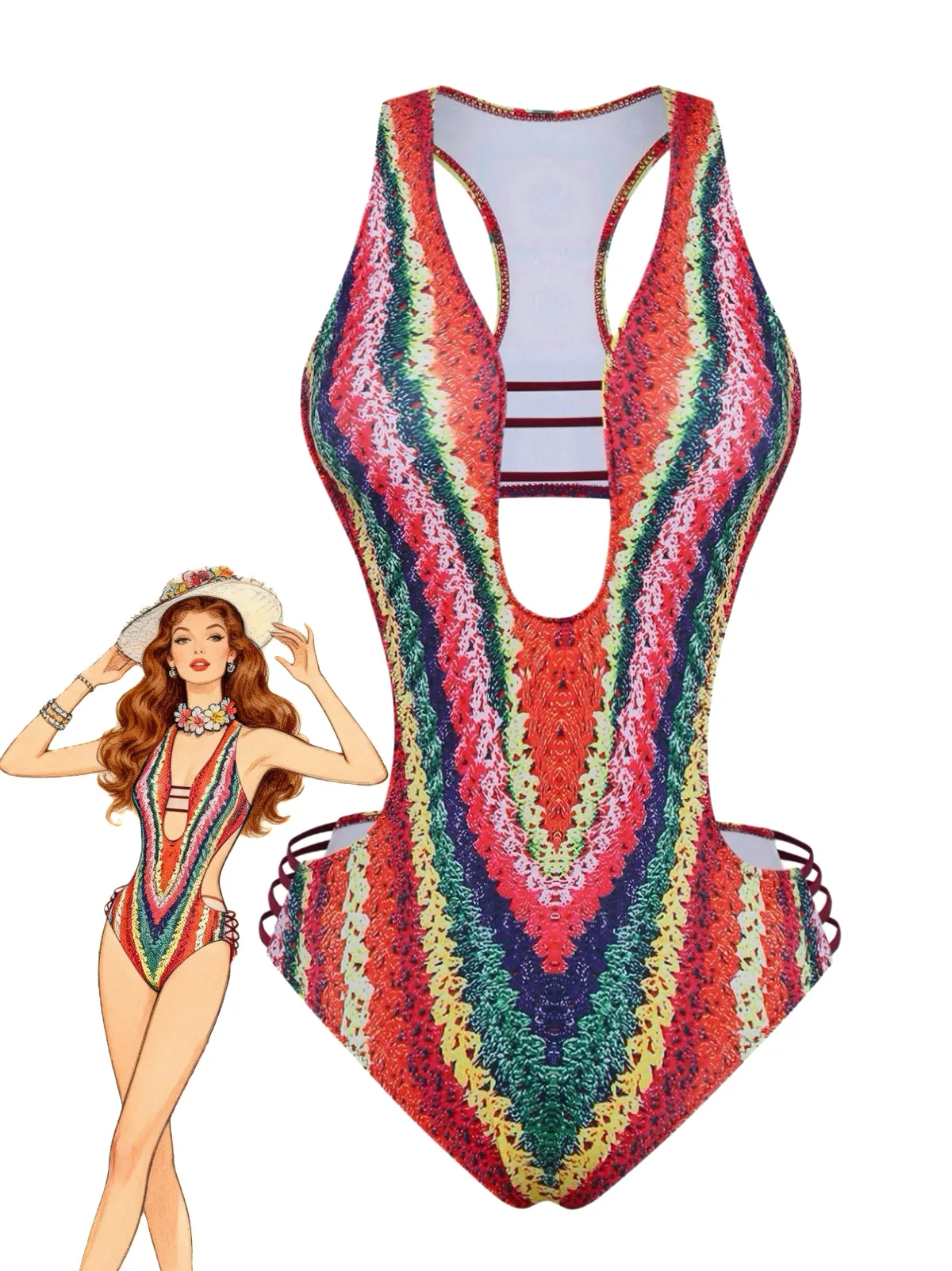 Red 1960s Spider Web Cutout Strappy Swimsuit sold by Retro Stage product image thumbnail 4