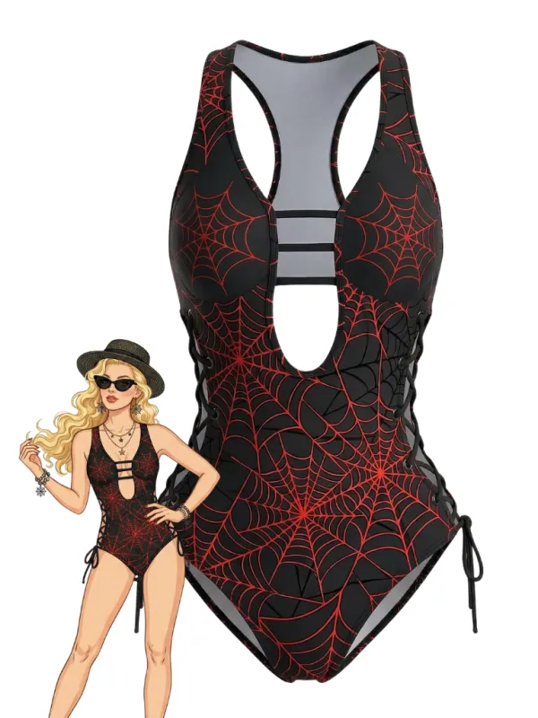 Red 1960s Spider Web Cutout Strappy Swimsuit made by Retro Stage