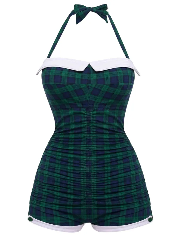 Blue-Green Gingham 1950s Halter Bowknot One-piece Swimsuit made by Retro Stage