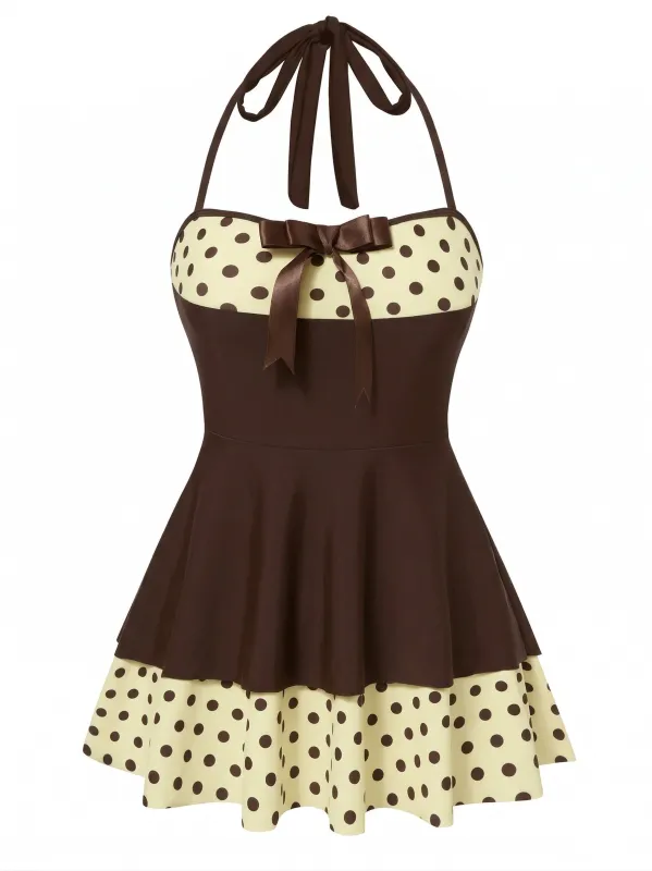 [Pre-Sale] Brown & Cream 1940s Polka Dots Patchwork Halter Swimdress made by Retro Stage