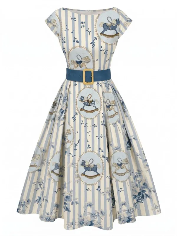 [Pre-Sale] Blue 1950s Boat Neck Floral Rocking Horse Dress made by Retro Stage