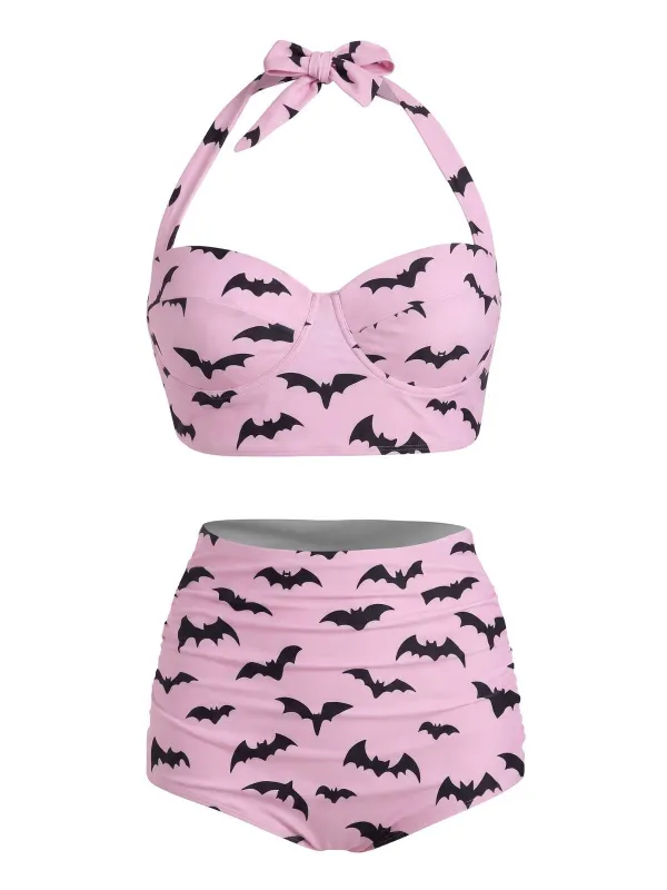 [Pre-Sale] Pink 1950s Bat Print Lace-Up Halter Swimsuit made by Retro Stage