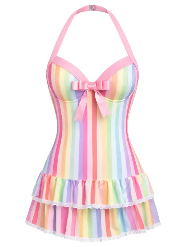 [Pre-Sale] Multicolor 1940s Halter Striped Bow One-Piece Swimsuit made by Retro Stage