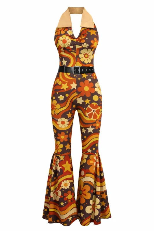 Orange 1970s Floral Print Patchwork Halter Jumpsuit made by Retro Stage