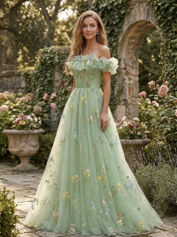 [Pre-Sale] Green 1930s Floral Embroidered Mesh Strapless Dress made by Retro Stage