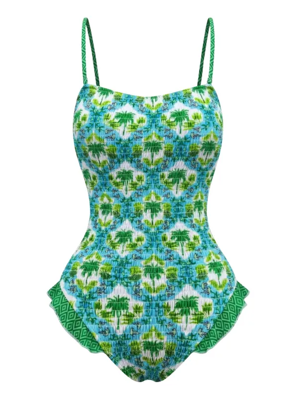 1960s Tropical Coconut Palm Tree Print Swimsuit made by Retro Stage