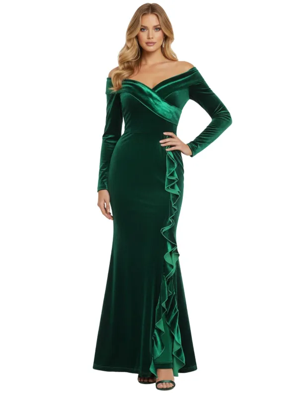 Green 1930s Velvet Off-Shoulder Ruffle-Trim Mermaid Dress made by Retro Stage