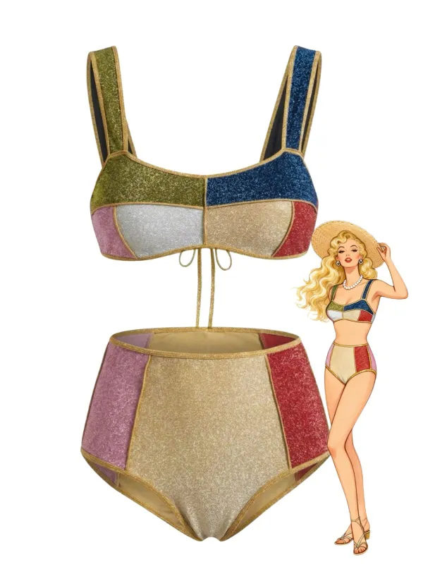 Multicolor 1940s Patchwork Metallic Bikini Set made by Retro Stage