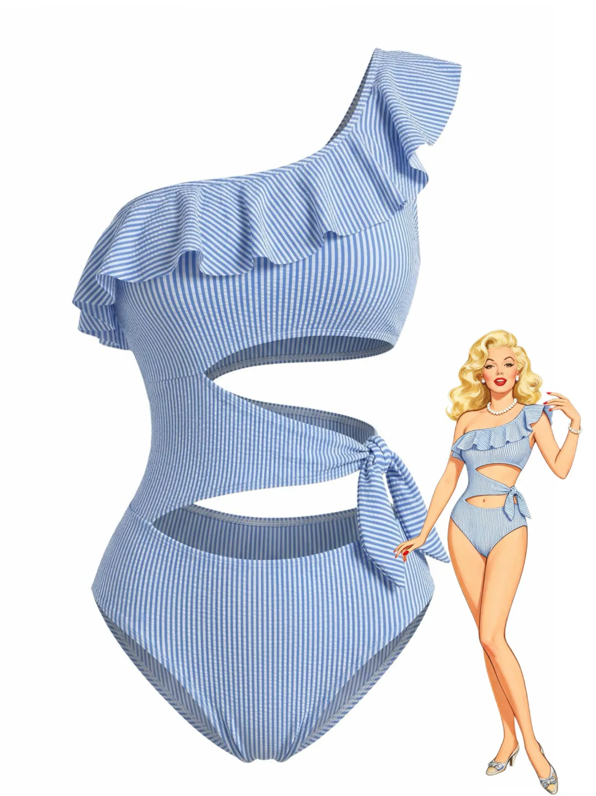 Blue 1940s Striped One-Shoulder Cutout One-Piece Swimsuit sold by Retro Stage
