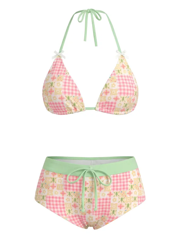 [Pre-Sale] Multicolor 1950s Halter V-Neck Plaid Floral Bikini Set made by Retro Stage