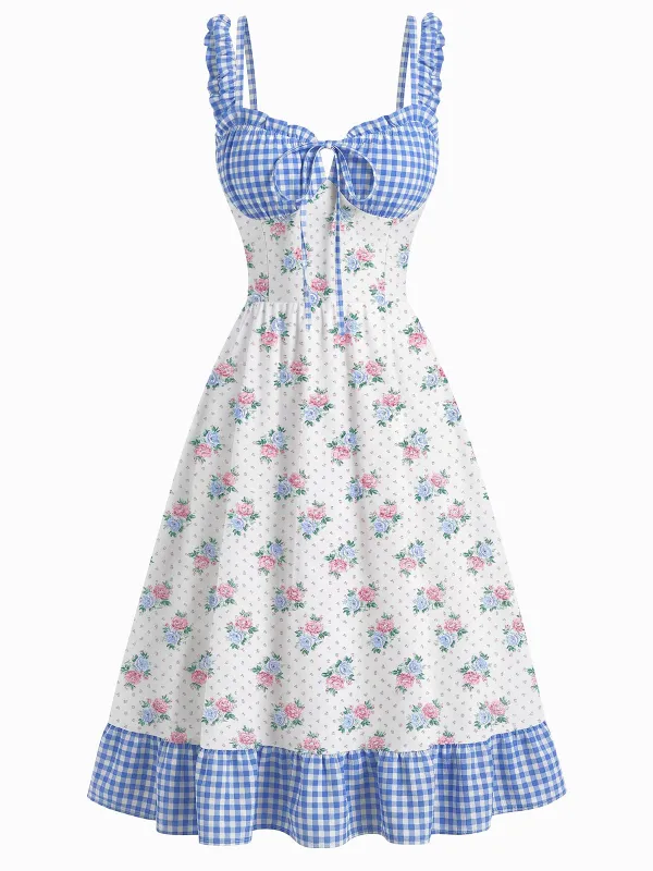 [Pre-Sale] Blue 1950s Floral Gingham Plaid Strap Dress made by Retro Stage