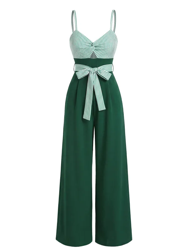 [Pre-Sale] Bright Green 1930s Striped Bow Front Wide-Leg Jumpsuit made by Retro Stage