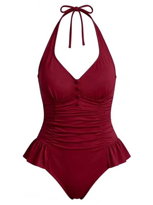 [Pre-Sale] Burgundy 1950s Ruched Halter Ruffle One-Piece Swimsuit made by Retro Stage