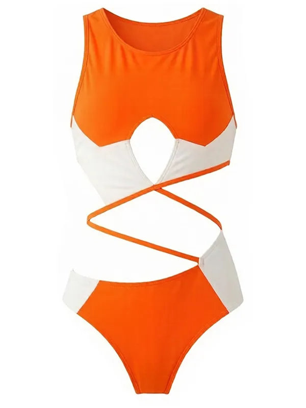 [Pre-Sale] Orange 1980s Colorblock Color One Piece Swimsuit made by Retro Stage