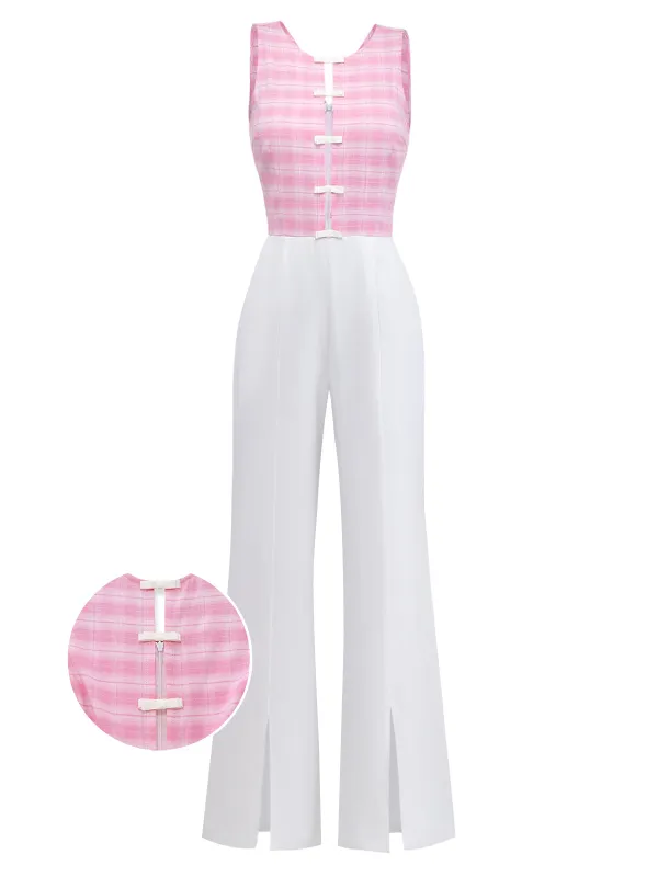 [Pre-Sale] Pink 1940s Plaid Cutout Sleeveless Split-Leg Jumpsuit made by Retro Stage