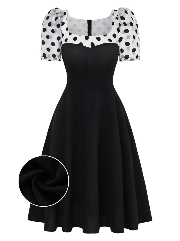 [Pre-Sale] Black 1940s Puff-Sleeve Polka Dot Patchwork Dress made by Retro Stage