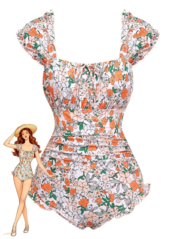 1950s Floral Ruffled Cap Sleeve One-Piece Swimsuit made by Retro Stage