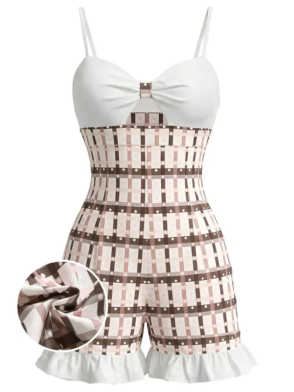 [Pre-Sale] Light Brown 1950s Plaid Ruffle Cutout Romper made by Retro Stage