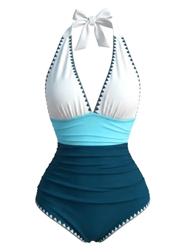 Blue & White 1950s Zigzag Embroidered V-Neck Swimsuit made by Retro Stage