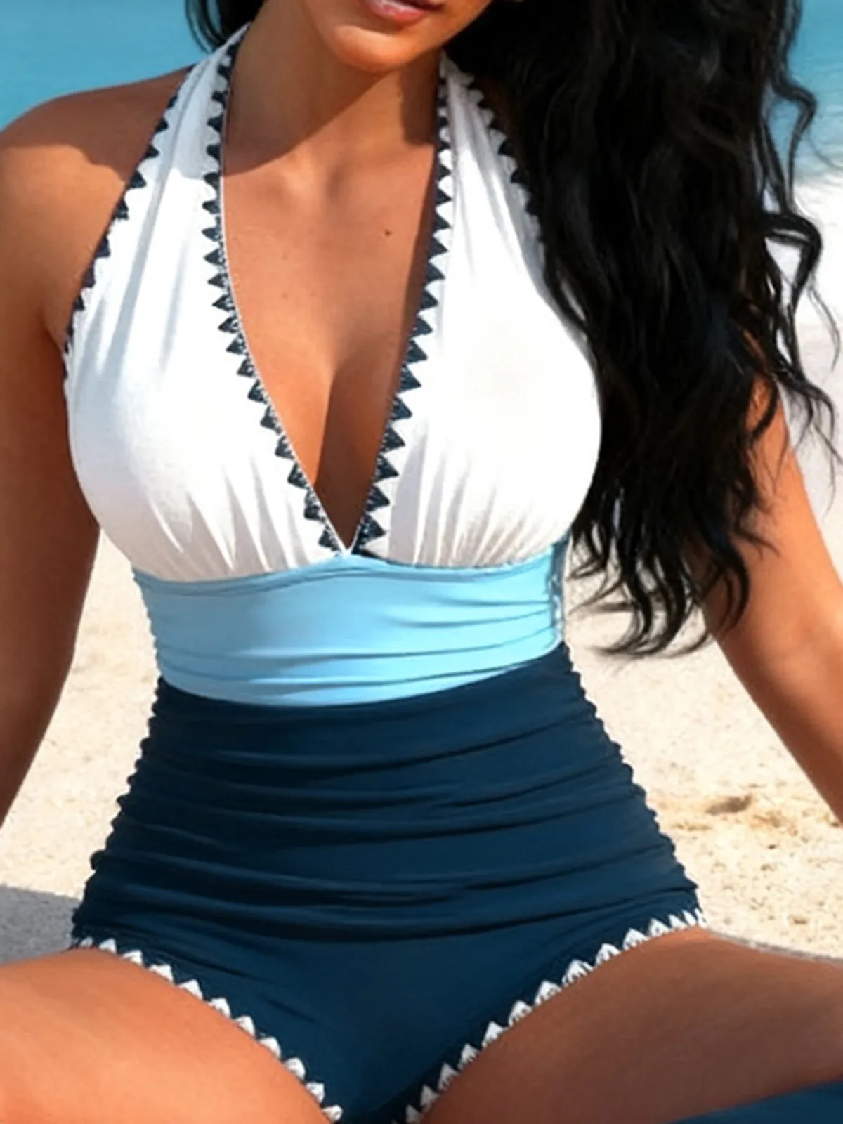 Blue & White 1950s Zigzag Embroidered V-Neck Swimsuit sold by Retro Stage product image thumbnail 2