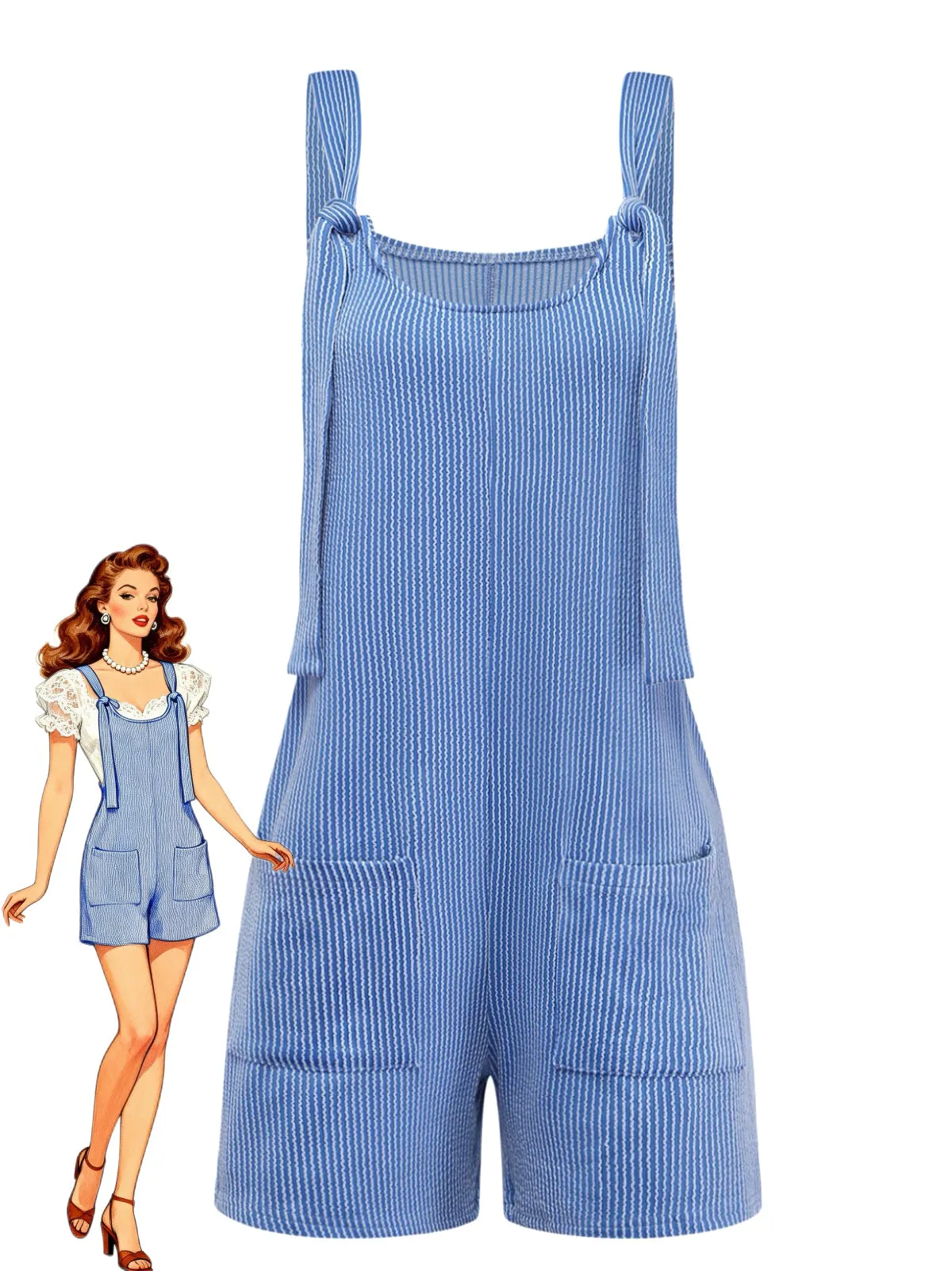 1960s Striped Pocketed Tie-Strap Romper sold by Retro Stage