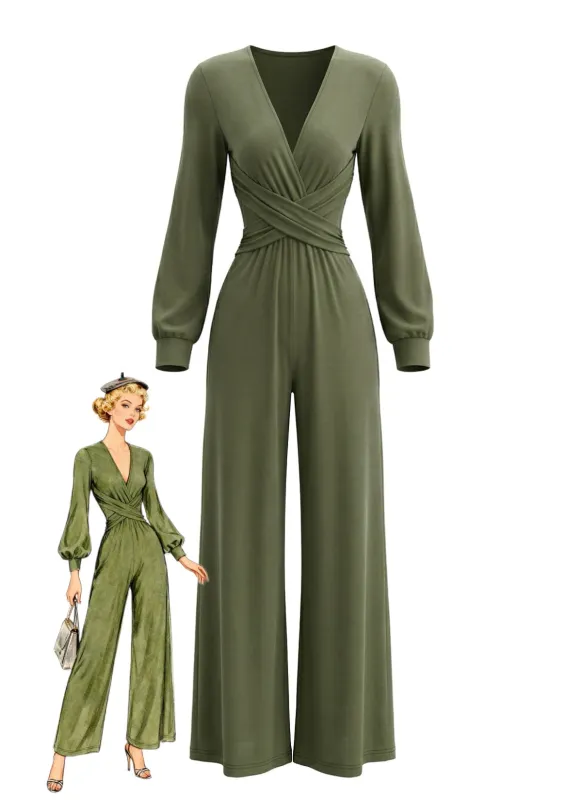 1930s Solid Wrap Front Long Sleeve Jumpsuit made by Retro Stage