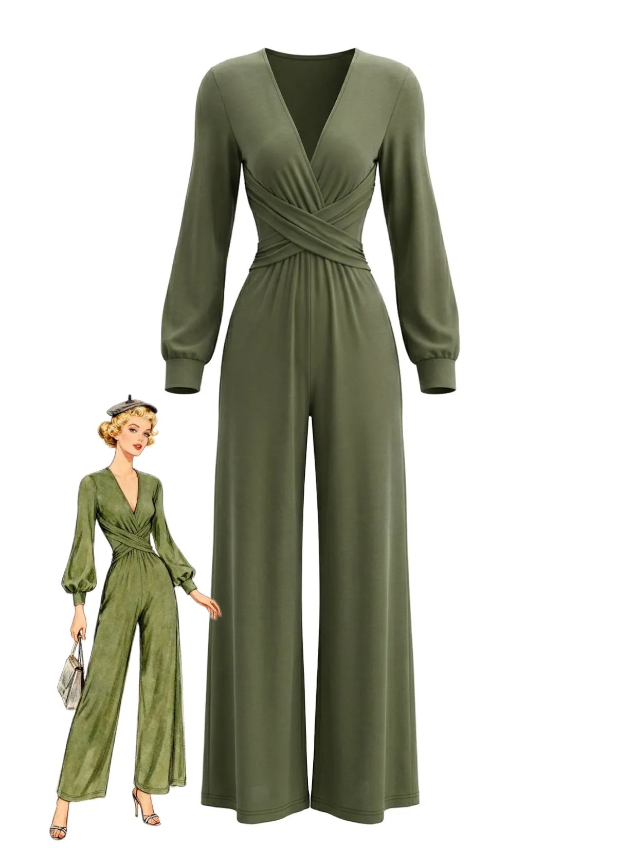 1930s Solid Wrap Front Long Sleeve Jumpsuit sold by Retro Stage