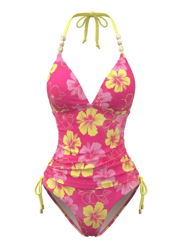 1980s Halter Floral Beaded Straps Bikini Set made by Retro Stage