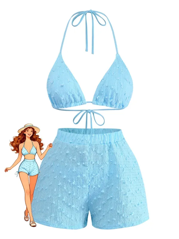 3PCS Sky Blue 1960s Triangle Bikini & Tie Shorts Set made by Retro Stage