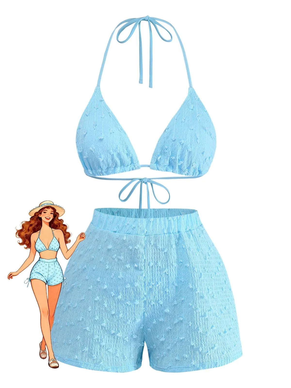 3PCS Sky Blue 1960s Triangle Bikini & Tie Shorts Set sold by Retro Stage