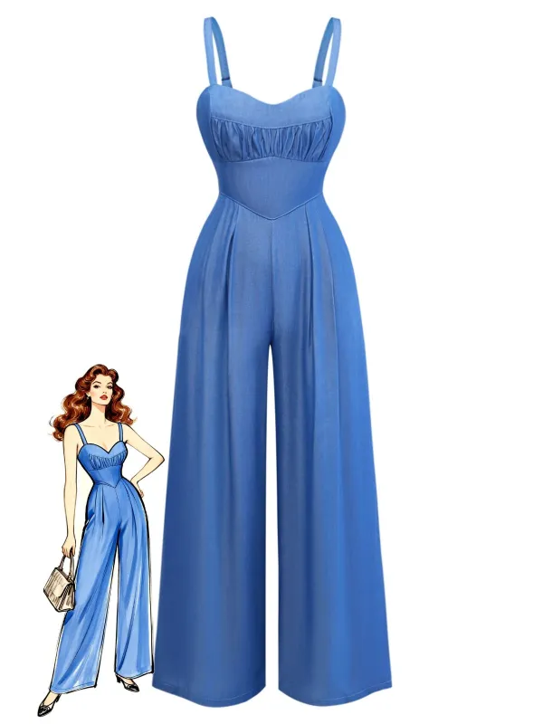 Blue 1950s Denim Spaghetti Strap Ruched Jumpsuit made by Retro Stage