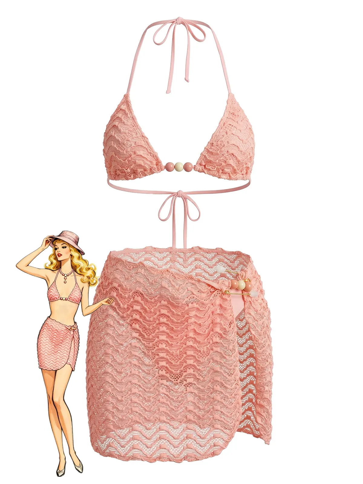 3PCS 1950s Beaded Halter Pleated Bikini Set & Cover-Up sold by Retro Stage
