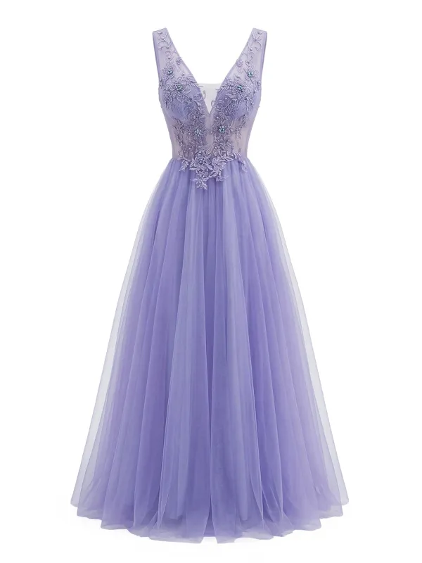 Purple 1950s Tulle V-Neck Embroidered Maxi Dress made by Retro Stage