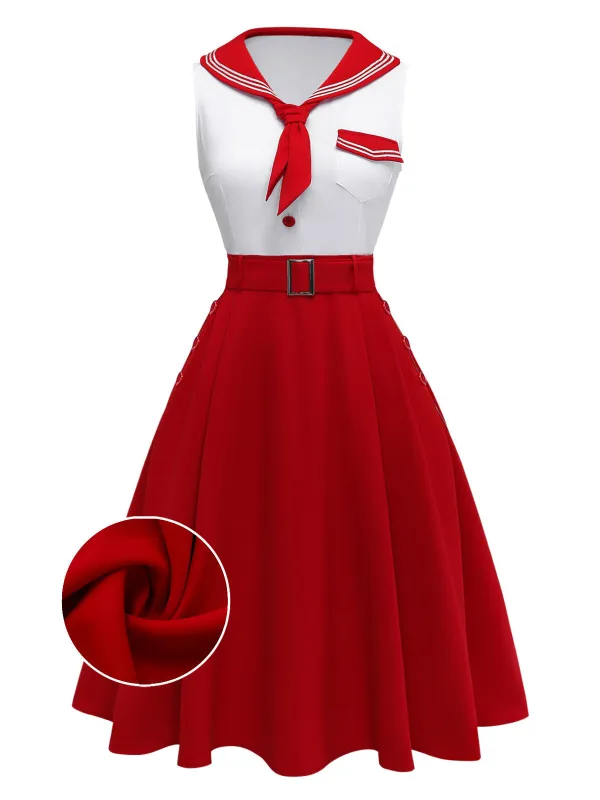 [Pre-Sale] Red 1950s Sailor Collar Belted Sleeveless A-Line Dress made by Retro Stage