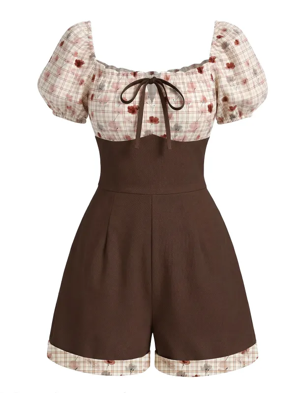 [Pre-Sale] Brown 1950s Plaid Floral Square Neck Puff Sleeve Romper made by Retro Stage