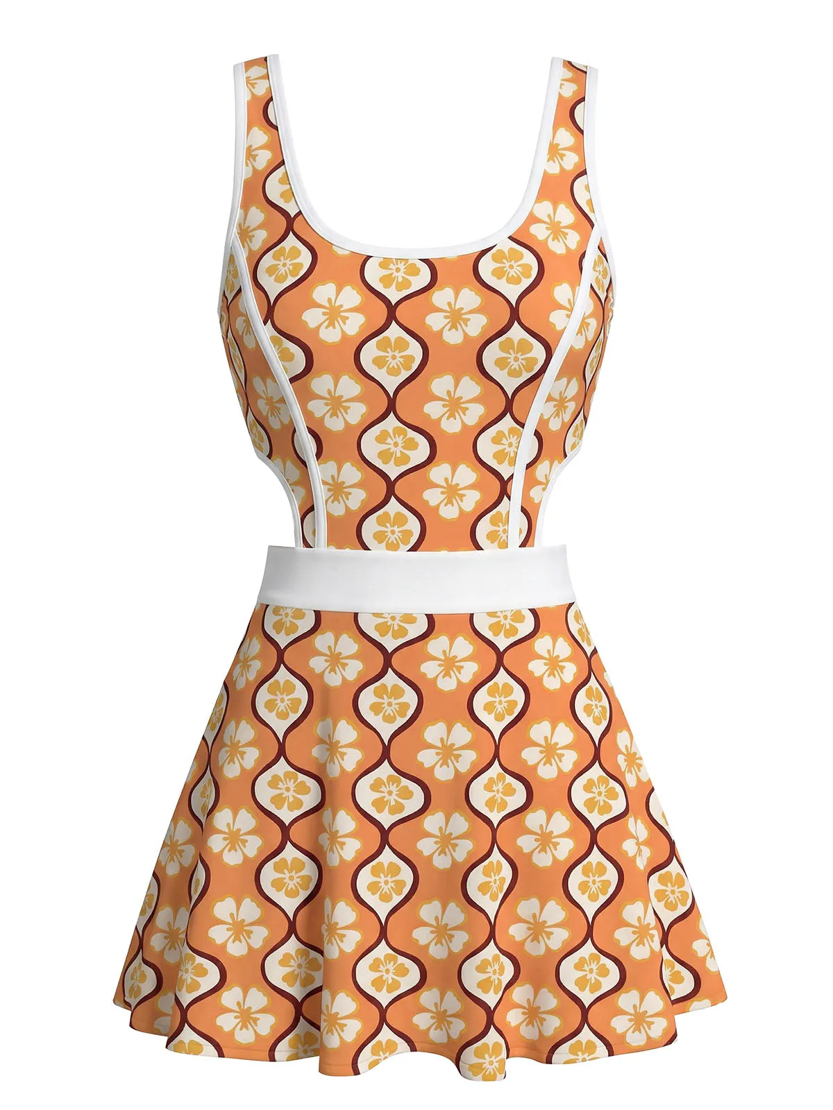 Multicolor 1960s Cherry Blossom Cutout One-Piece Swimdress sold by Retro Stage