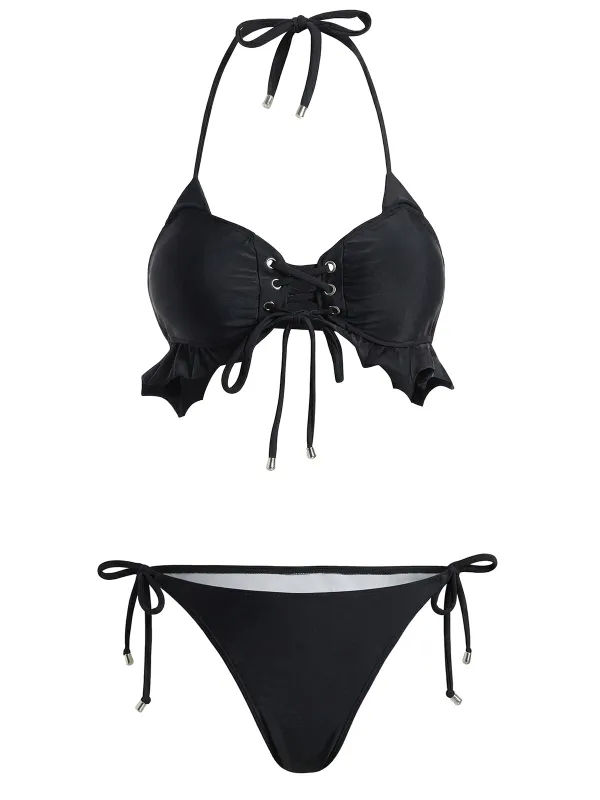 [Pre-Sale] Black 1950s Halter Lace Up Ruffle Hem Bikini Set made by Retro Stage