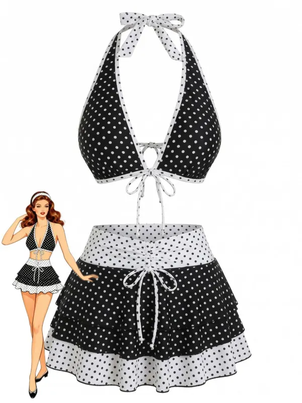 2PCS Black 1940s Polka Dot Halter Bikini Set & Cover-Up made by Retro Stage