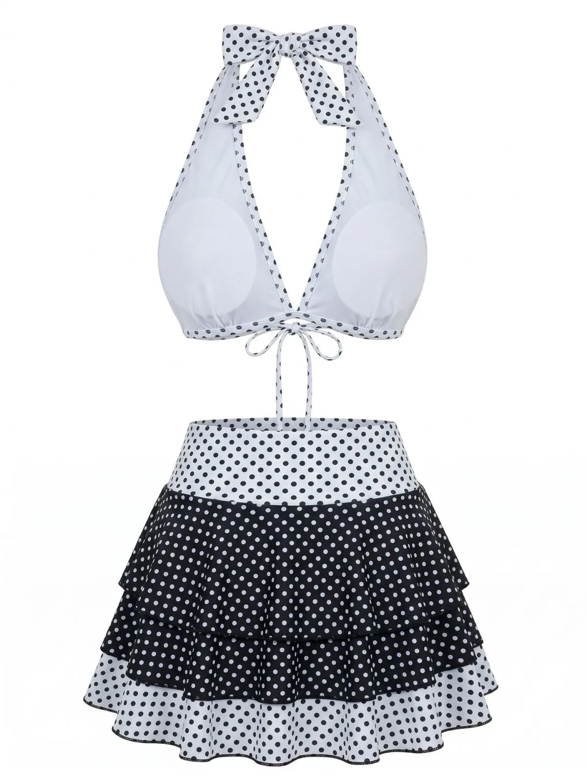 2PCS Black 1940s Polka Dot Halter Bikini Set & Cover-Up sold by Retro Stage product image thumbnail 3