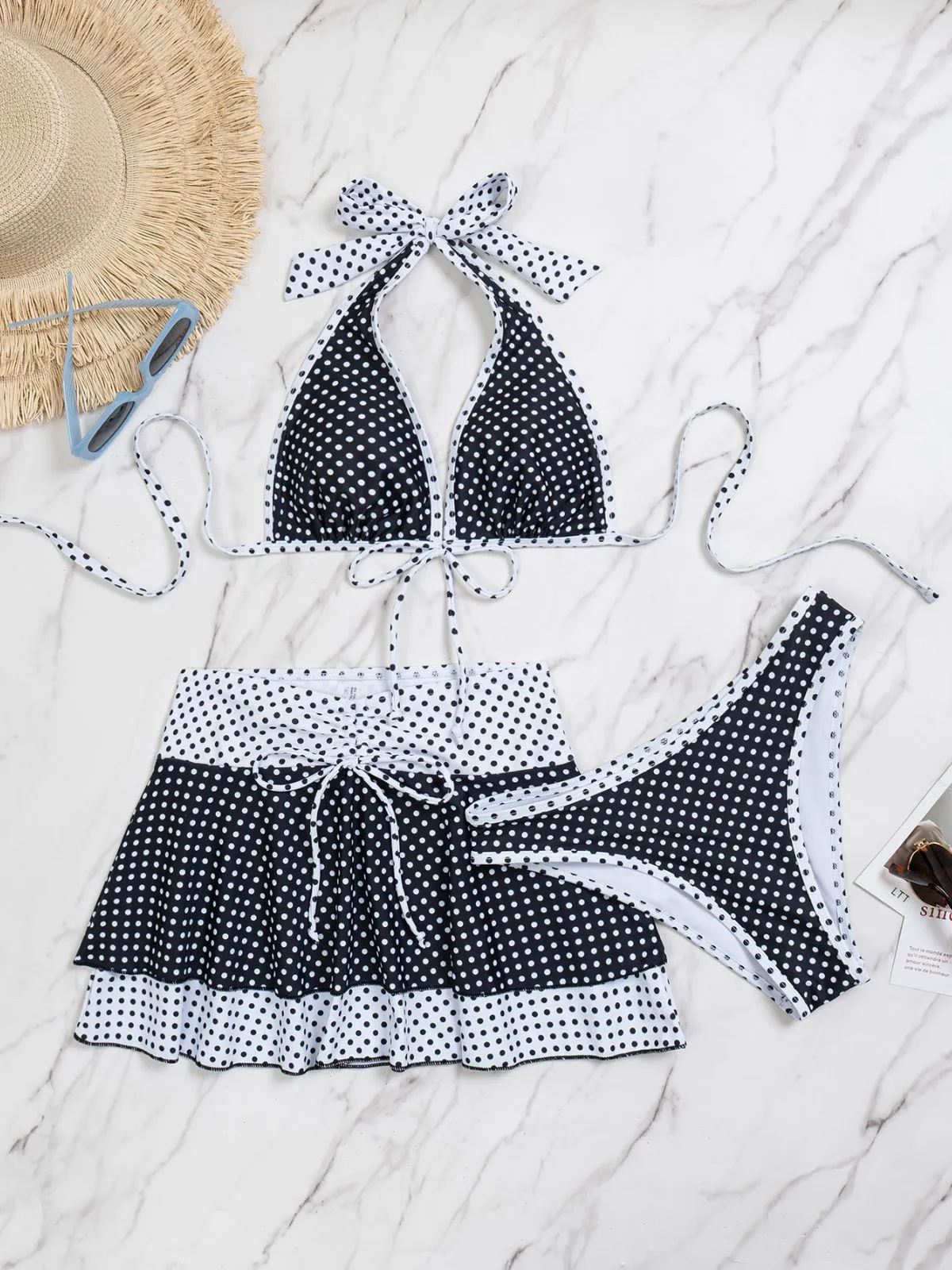 2PCS Black 1940s Polka Dot Halter Bikini Set & Cover-Up sold by Retro Stage product image thumbnail 5