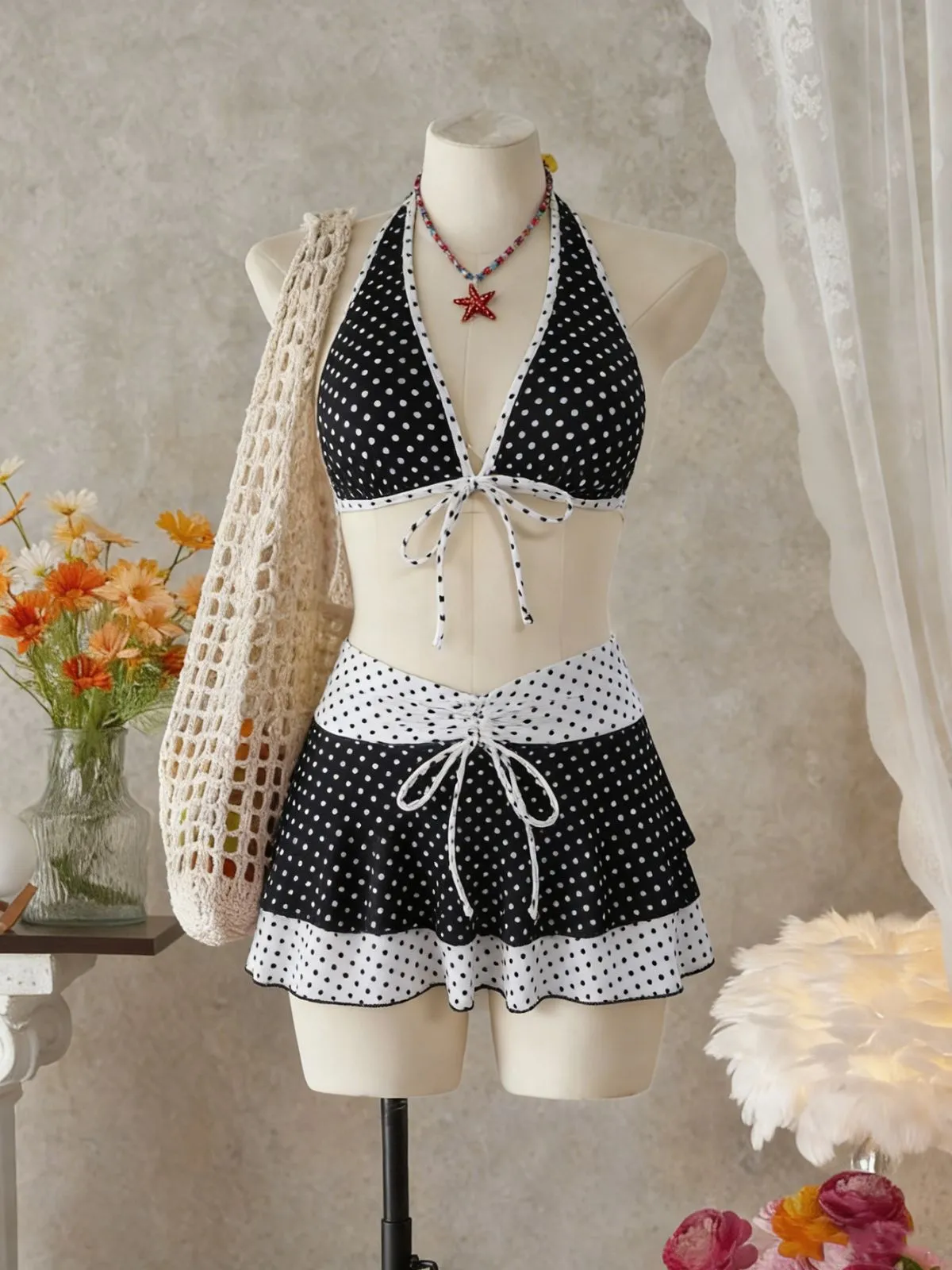 2PCS Black 1940s Polka Dot Halter Bikini Set & Cover-Up sold by Retro Stage product image thumbnail 4