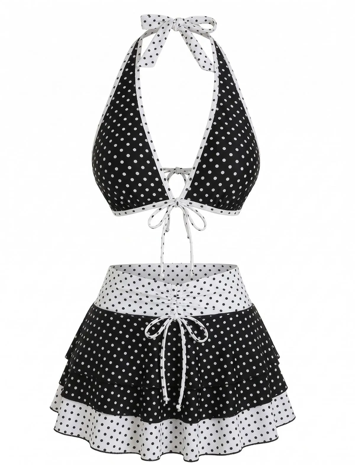 2PCS Black 1940s Polka Dot Halter Bikini Set & Cover-Up sold by Retro Stage product image thumbnail 2