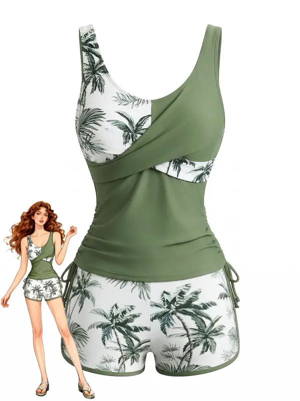 1950s Palm Tree Criss Cross Colorblock Tankini Set made by Retro Stage