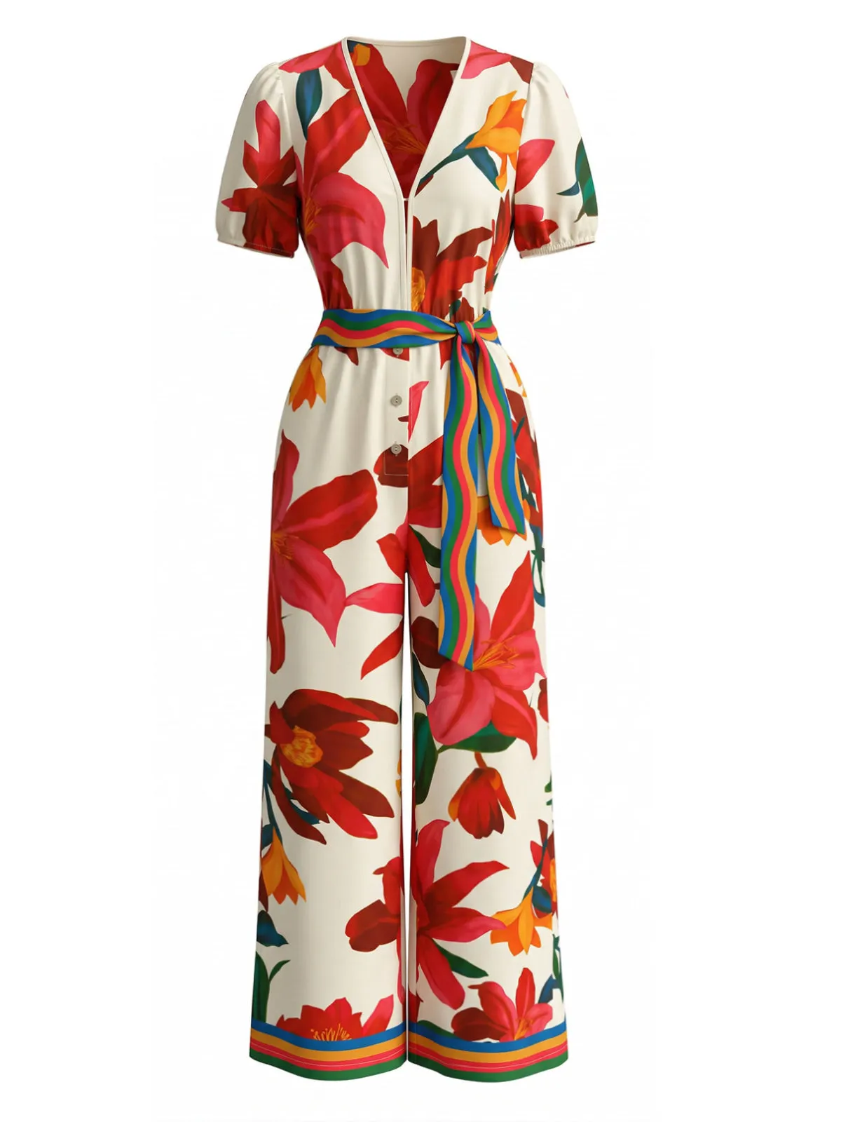 Red 1980s Floral Short Sleeve Wide-Leg Belted Jumpsuit sold by Retro Stage product image thumbnail 2