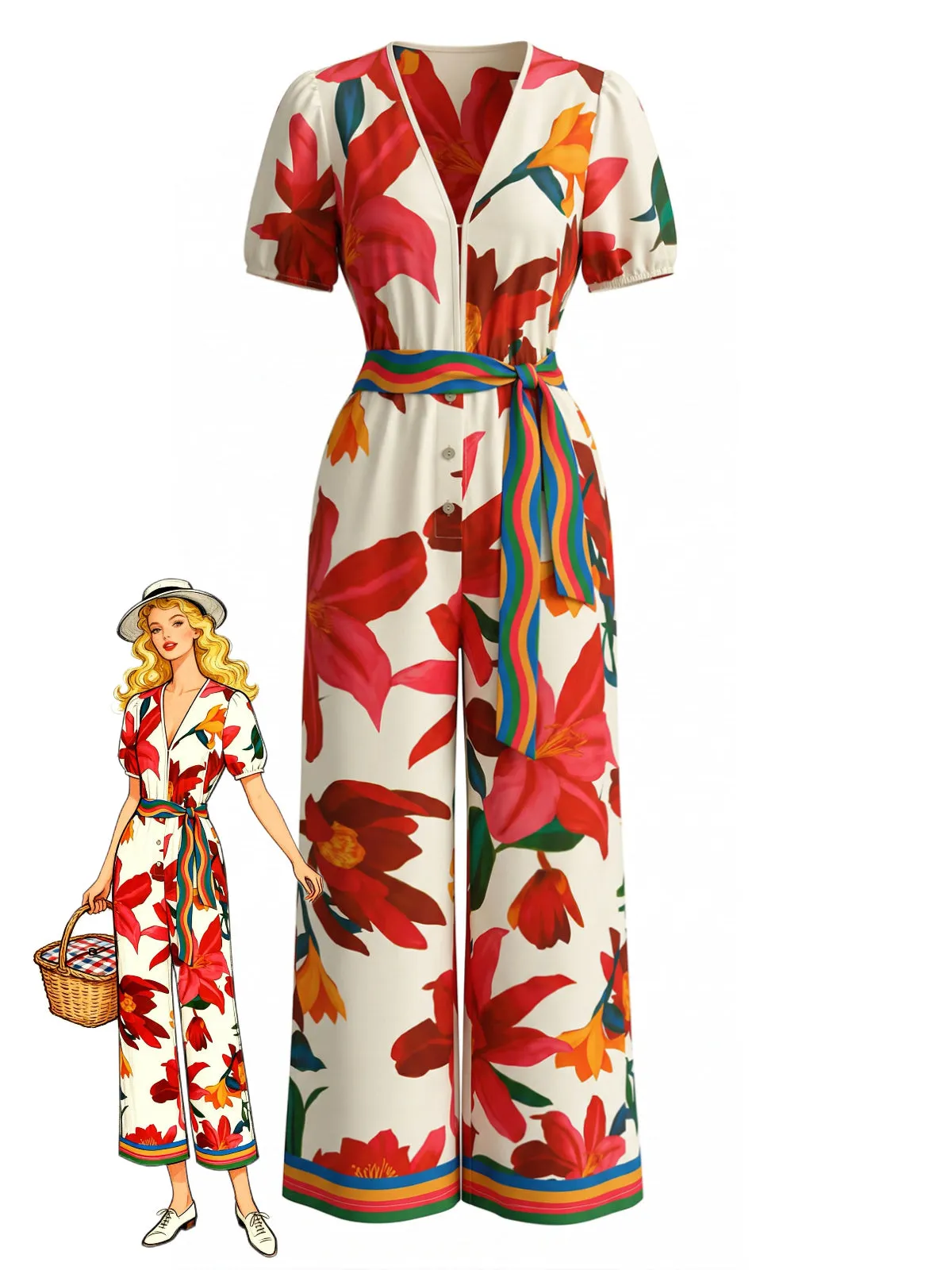 Red 1980s Floral Short Sleeve Wide-Leg Belted Jumpsuit sold by Retro Stage