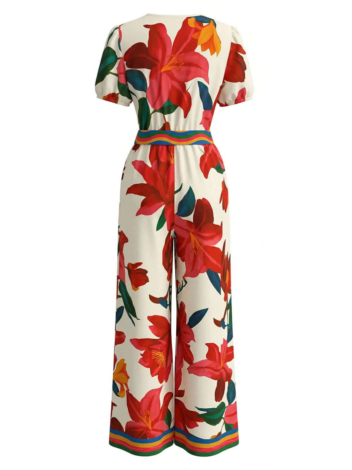 Red 1980s Floral Short Sleeve Wide-Leg Belted Jumpsuit sold by Retro Stage product image thumbnail 3