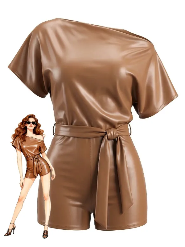 1960s Faux Leather One-Shoulder Belted Romper made by Retro Stage