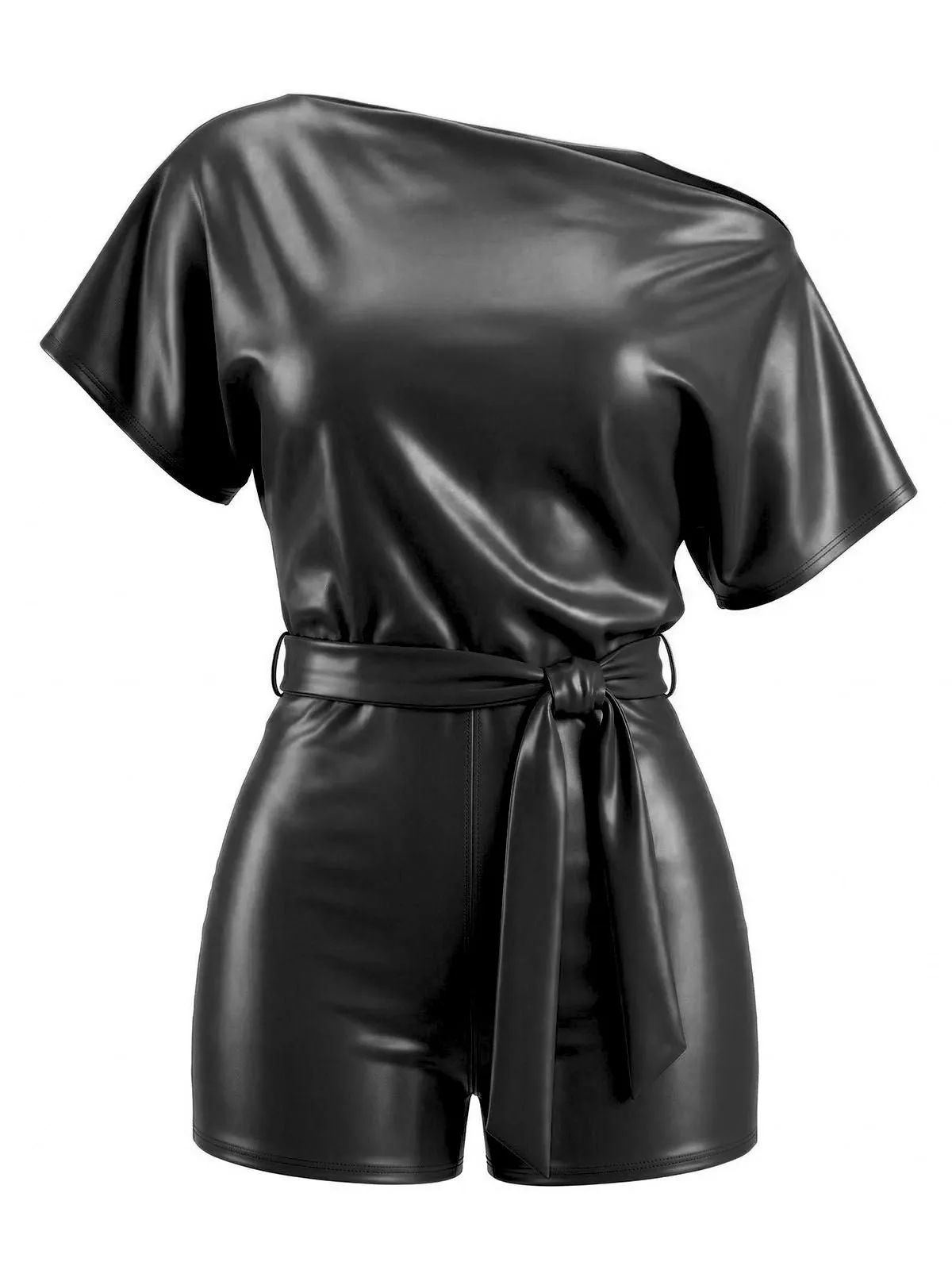 1960s Faux Leather One-Shoulder Belted Romper sold by Retro Stage product image thumbnail 4