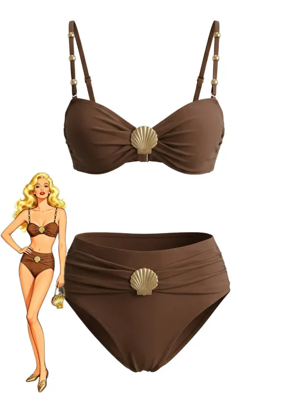 Brown 1970s Metal Shell Decor Ruched Bikini Set made by Retro Stage